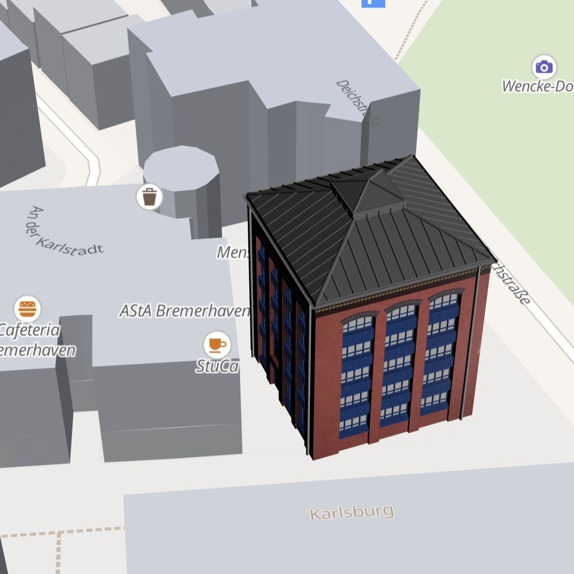 Bild: 3D-Modell des Hochschule Gebäude V mit Openfreemap MapLibre JS GL