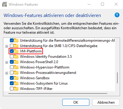 Optionale Features von Windows mit hervorgehobenem VM-Plattform - Feature