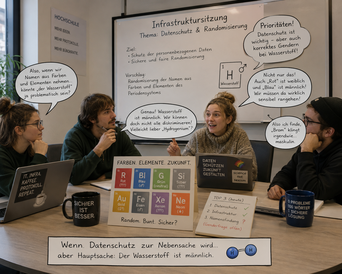 Satirische Darstellung einer Infrastruktursitzung mit KI erstellt